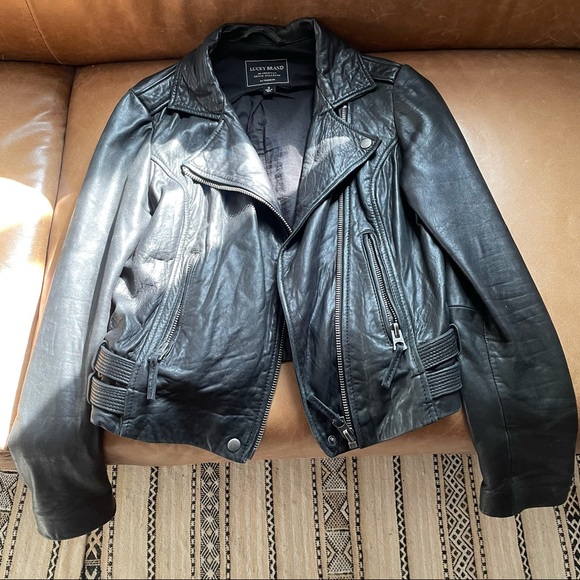 Lucky Brand Moto black leather jacket damaged sleeve fall winter layering - Picture 3 of 16